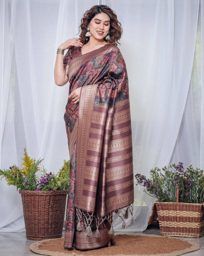 Chocolate Brown Banarasi Silk Saree with Tribal Digital Print, Zari Border & Tassel Pallu BANARASI PRINTED