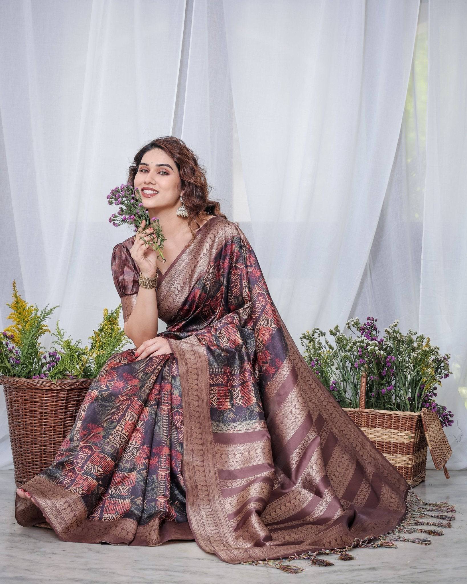 Chocolate Brown Banarasi Silk Saree with Tribal Digital Print, Zari Border & Tassel Pallu BANARASI PRINTED