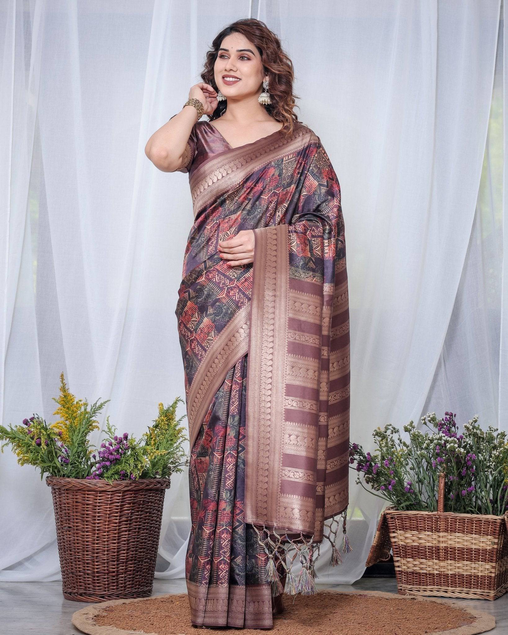 Chocolate Brown Banarasi Silk Saree with Tribal Digital Print, Zari Border & Tassel Pallu BANARASI PRINTED Main image