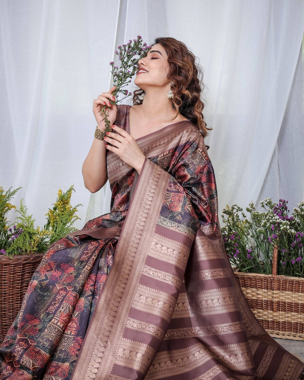 Chocolate Brown Banarasi Silk Saree with Tribal Digital Print, Zari Border & Tassel Pallu BANARASI PRINTED