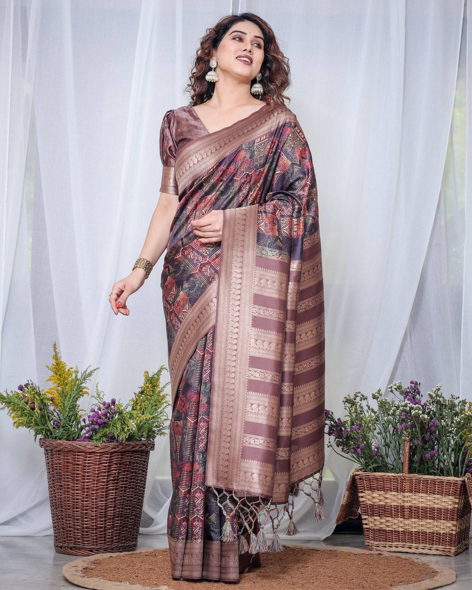 Chocolate Brown Banarasi Silk Saree with Tribal Digital Print, Zari Border & Tassel Pallu BANARASI PRINTED