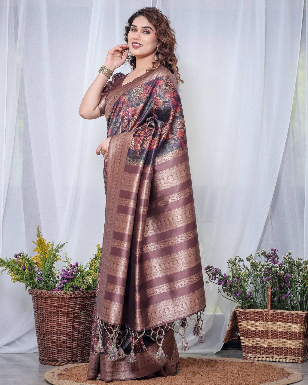 Chocolate Brown Banarasi Silk Saree with Tribal Digital Print, Zari Border & Tassel Pallu BANARASI PRINTED