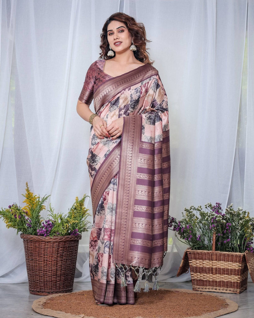 Mauve Banarasi Silk Saree with Abstract Checkered Digital Print, Zari Border & Tassel Pallu BANARASI PRINTED