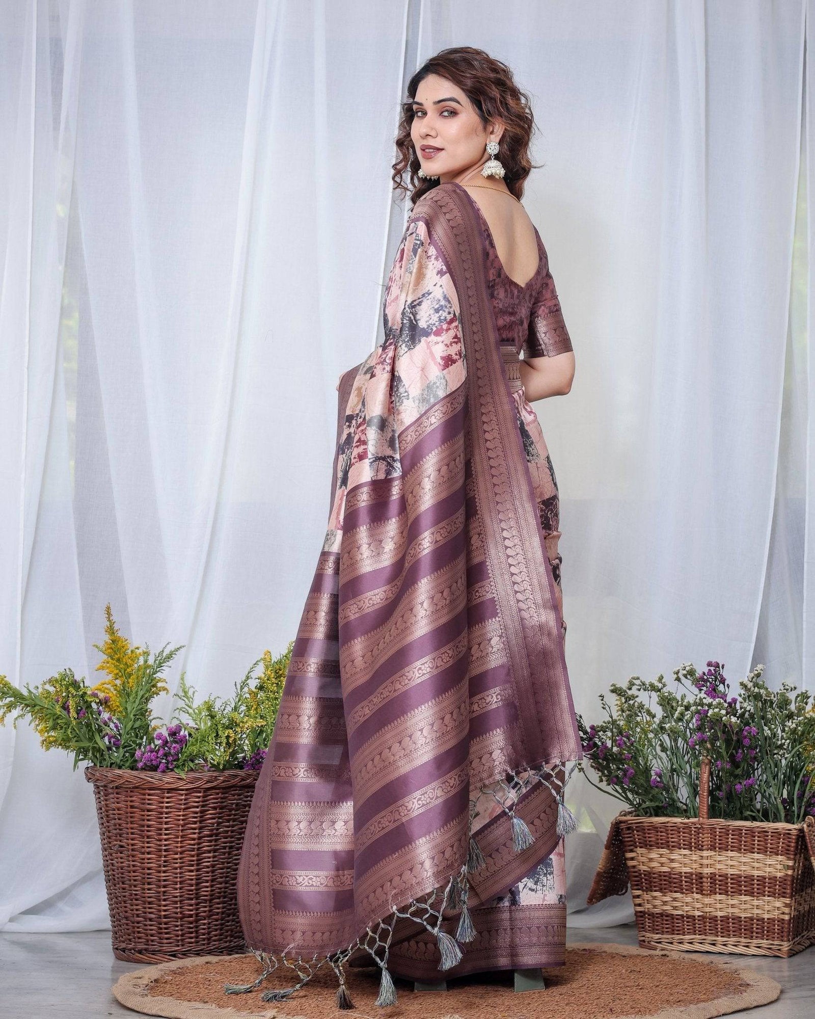 Mauve Banarasi Silk Saree with Abstract Checkered Digital Print, Zari Border & Tassel Pallu BANARASI PRINTED