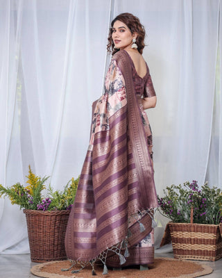 Mauve Banarasi Silk Saree with Abstract Checkered Digital Print, Zari Border & Tassel Pallu BANARASI PRINTED