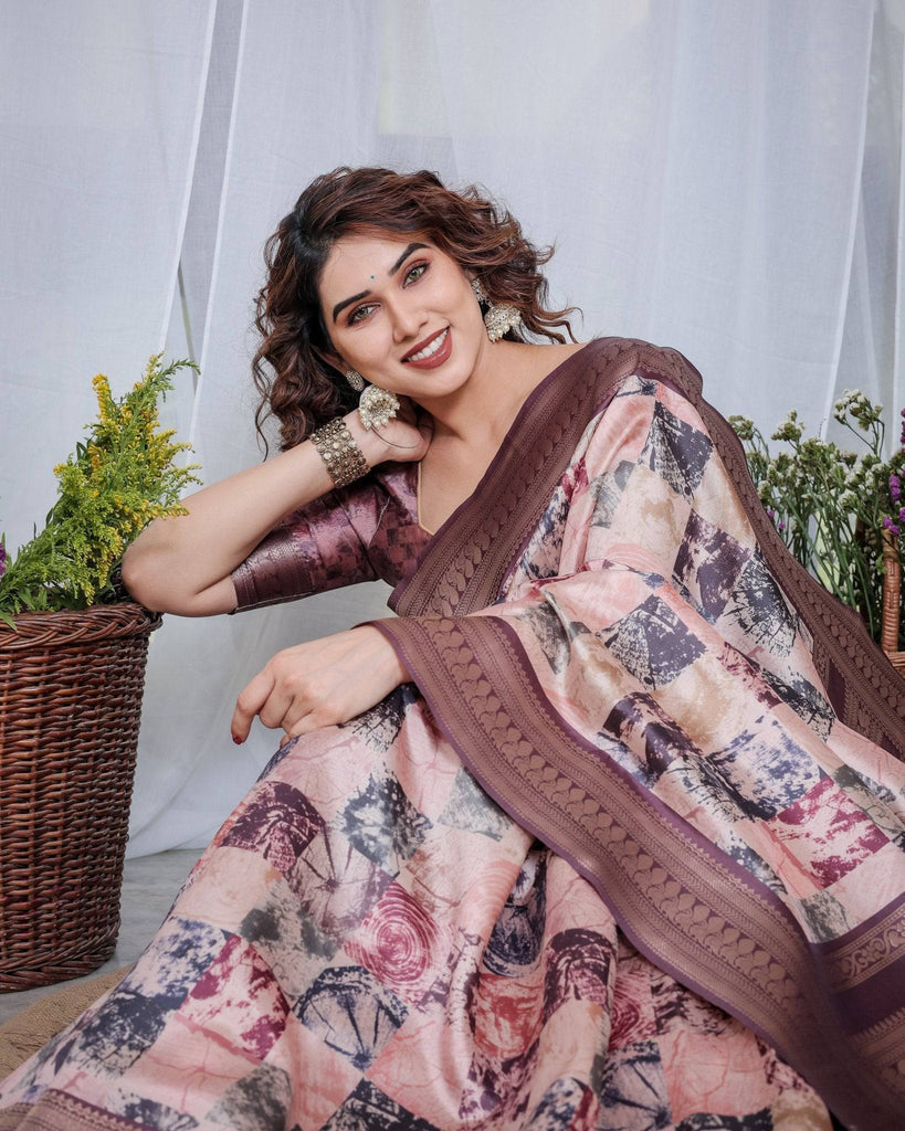 Mauve Banarasi Silk Saree with Abstract Checkered Digital Print, Zari Border & Tassel Pallu BANARASI PRINTED