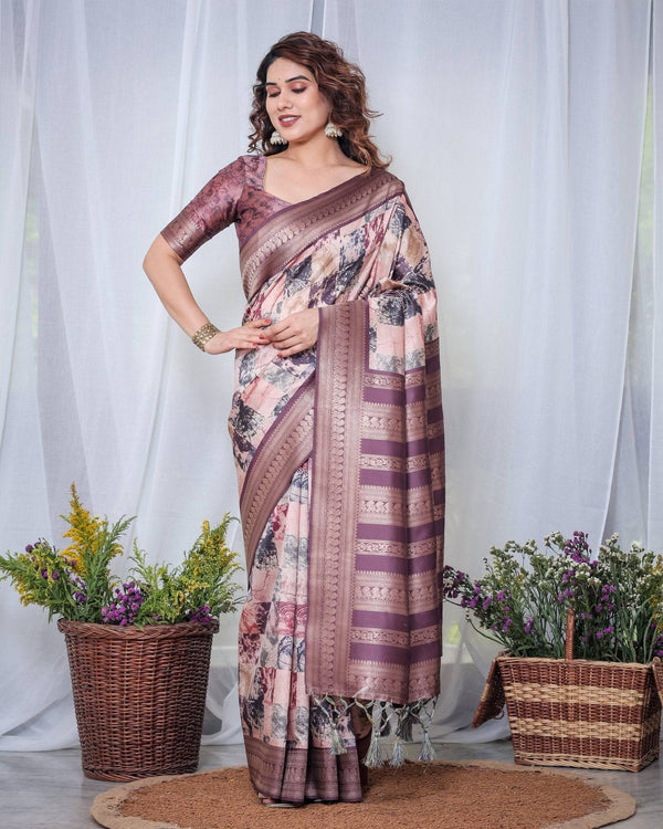 Mauve Banarasi Silk Saree with Abstract Checkered Digital Print, Zari Border & Tassel Pallu BANARASI PRINTED