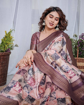 Mauve Banarasi Silk Saree with Abstract Checkered Digital Print, Zari Border & Tassel Pallu BANARASI PRINTED