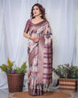 Load image into Gallery viewer, Mauve Banarasi Silk Saree with Abstract Checkered Digital Print, Zari Border &amp; Tassel Pallu BANARASI PRINTED