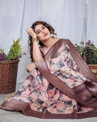 Mauve Banarasi Silk Saree with Abstract Checkered Digital Print, Zari Border & Tassel Pallu BANARASI PRINTED