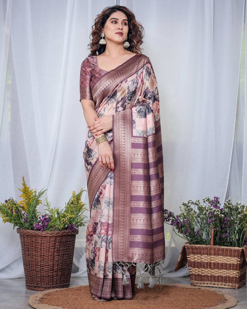 Mauve Banarasi Silk Saree with Abstract Checkered Digital Print, Zari Border & Tassel Pallu BANARASI PRINTED