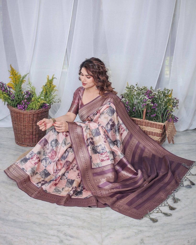 Mauve Banarasi Silk Saree with Abstract Checkered Digital Print, Zari Border & Tassel Pallu BANARASI PRINTED