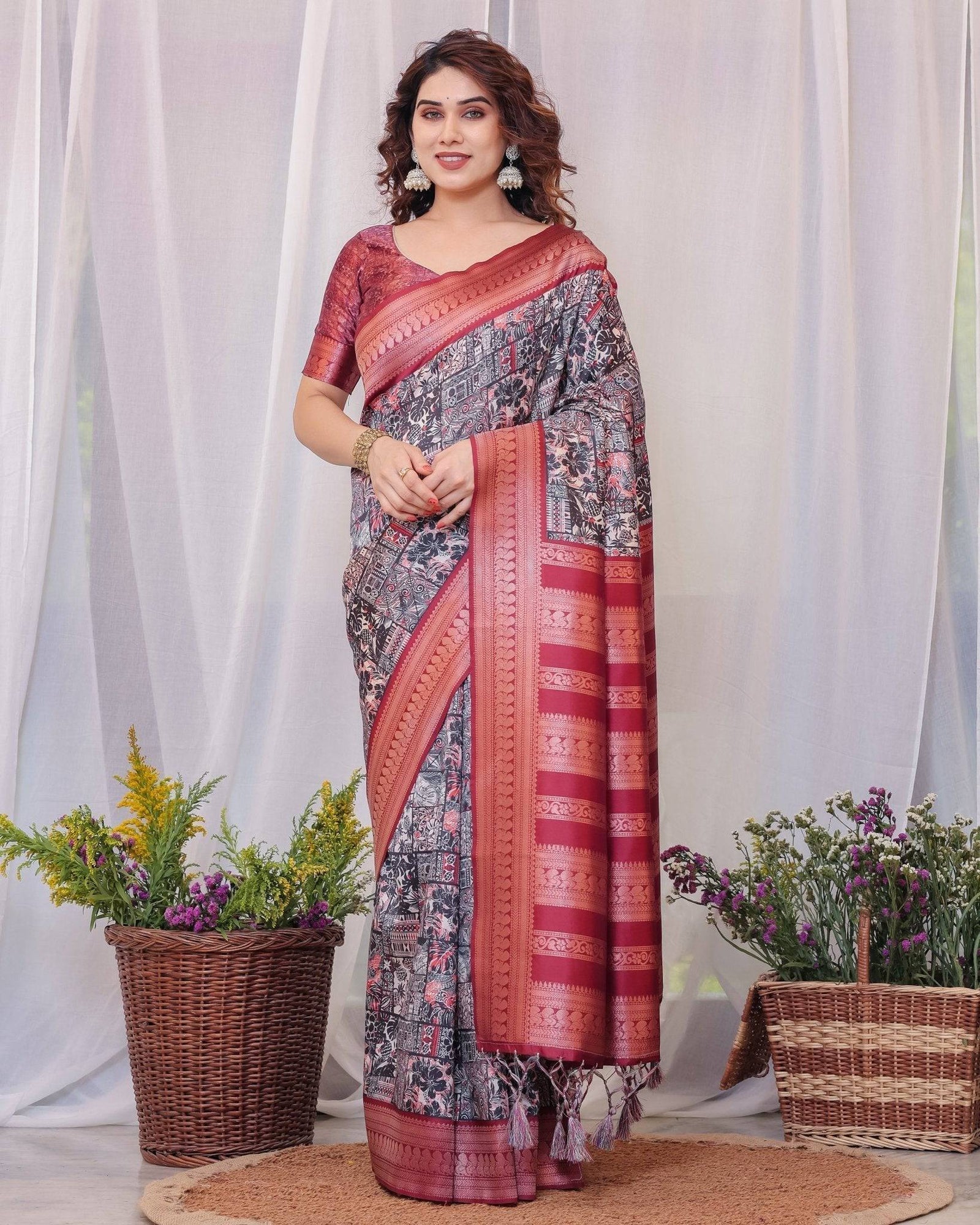 Maroon Banarasi Silk Saree with Intricate Patchwork Digital Print & Zari Border BANARASI PRINTED