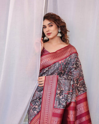 Maroon Banarasi Silk Saree with Intricate Patchwork Digital Print & Zari Border BANARASI PRINTED