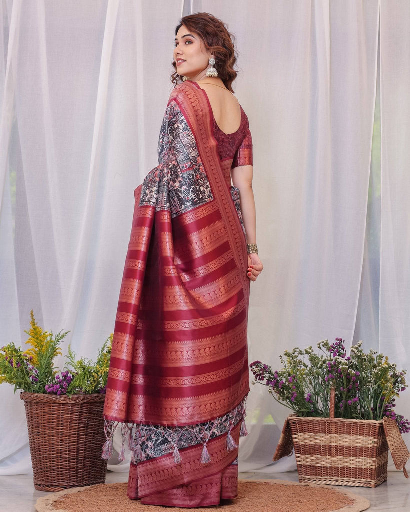 Maroon Banarasi Silk Saree with Intricate Patchwork Digital Print & Zari Border BANARASI PRINTED