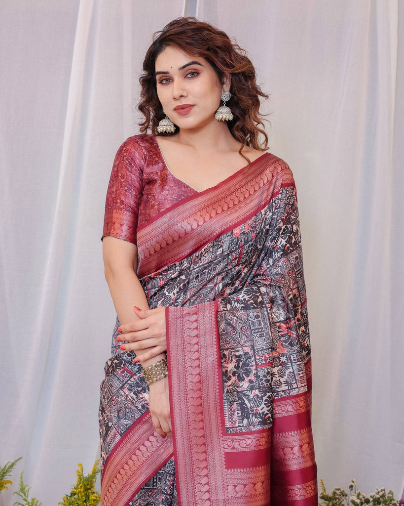 Maroon Banarasi Silk Saree with Intricate Patchwork Digital Print & Zari Border BANARASI PRINTED