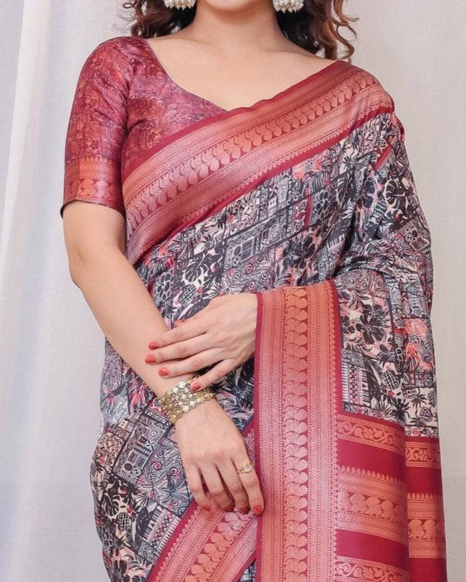 Maroon Banarasi Silk Saree with Intricate Patchwork Digital Print & Zari Border BANARASI PRINTED
