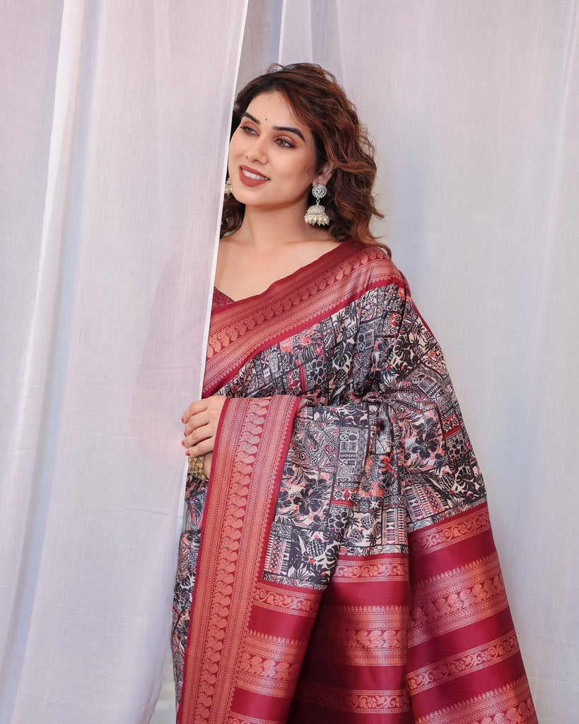 Maroon Banarasi Silk Saree with Intricate Patchwork Digital Print & Zari Border BANARASI PRINTED