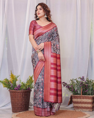 Maroon Banarasi Silk Saree with Intricate Patchwork Digital Print & Zari Border BANARASI PRINTED