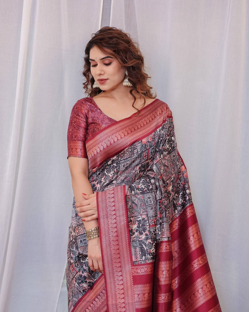 Maroon Banarasi Silk Saree with Intricate Patchwork Digital Print & Zari Border BANARASI PRINTED