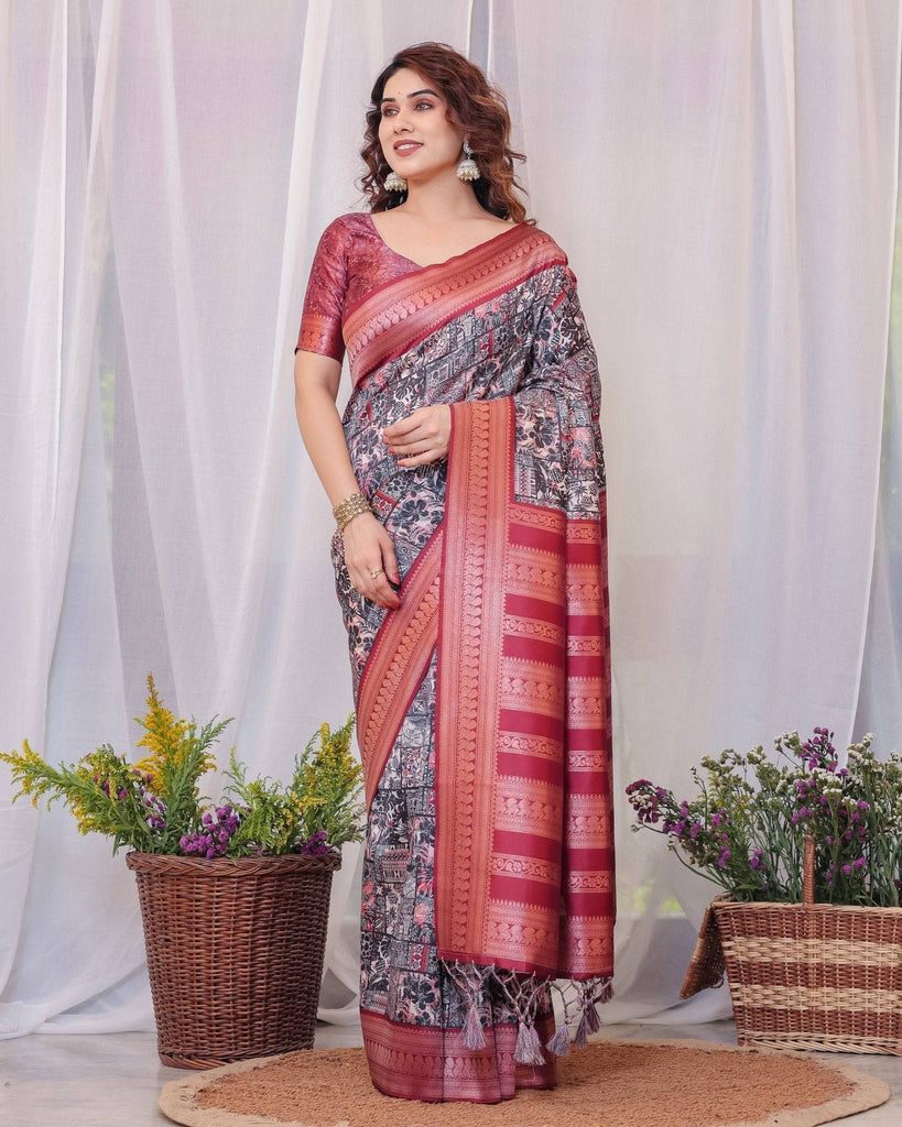 Maroon Banarasi Silk Saree with Intricate Patchwork Digital Print & Zari Border BANARASI PRINTED