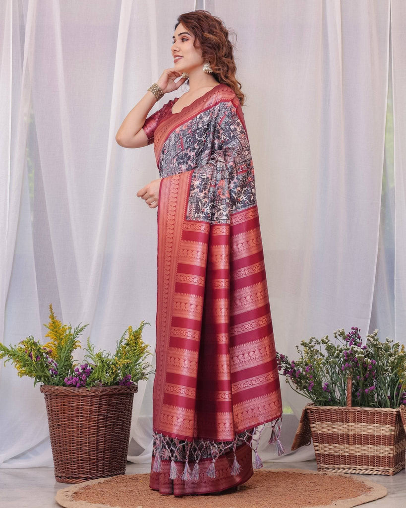 Maroon Banarasi Silk Saree with Intricate Patchwork Digital Print & Zari Border BANARASI PRINTED