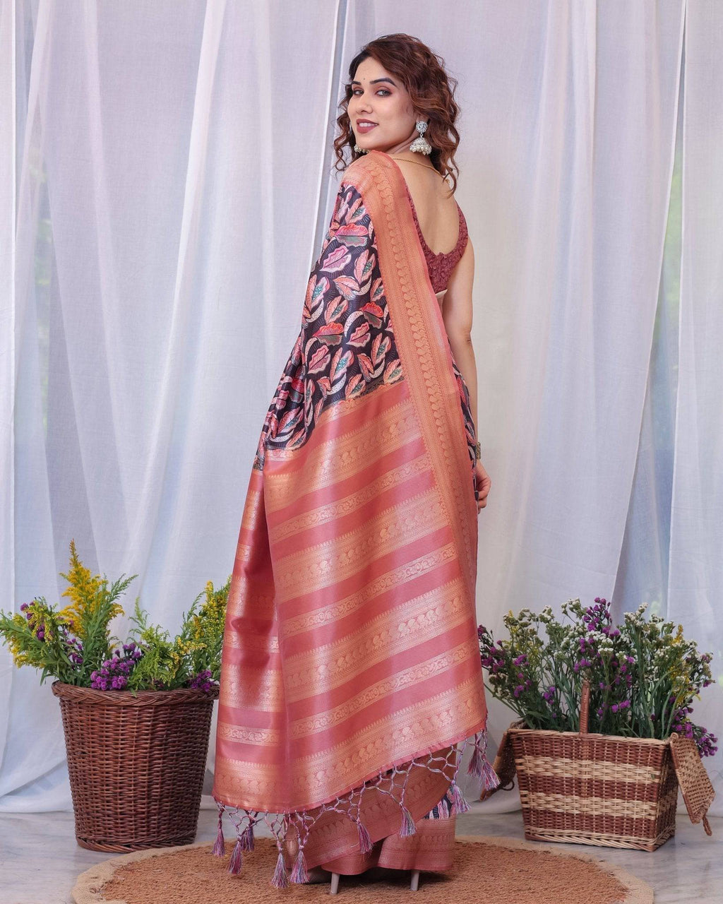 Elegant Black and Peach Banarasi Silk Saree with Leaf Motif and Tassels BANARASI PRINTED