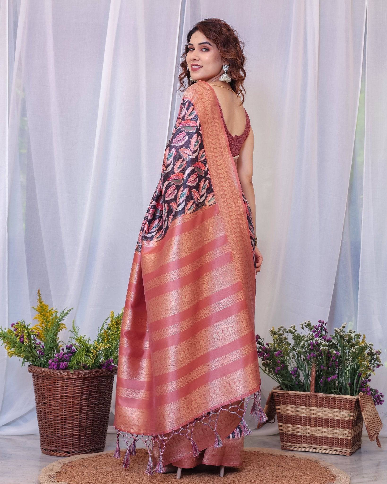 Elegant Black and Peach Banarasi Silk Saree with Leaf Motif and Tassels BANARASI PRINTED