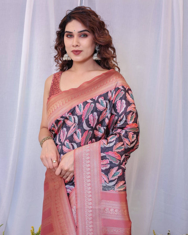 Elegant Black and Peach Banarasi Silk Saree with Leaf Motif and Tassels BANARASI PRINTED