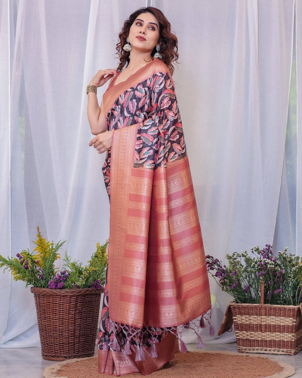 Elegant Black and Peach Banarasi Silk Saree with Leaf Motif and Tassels BANARASI PRINTED
