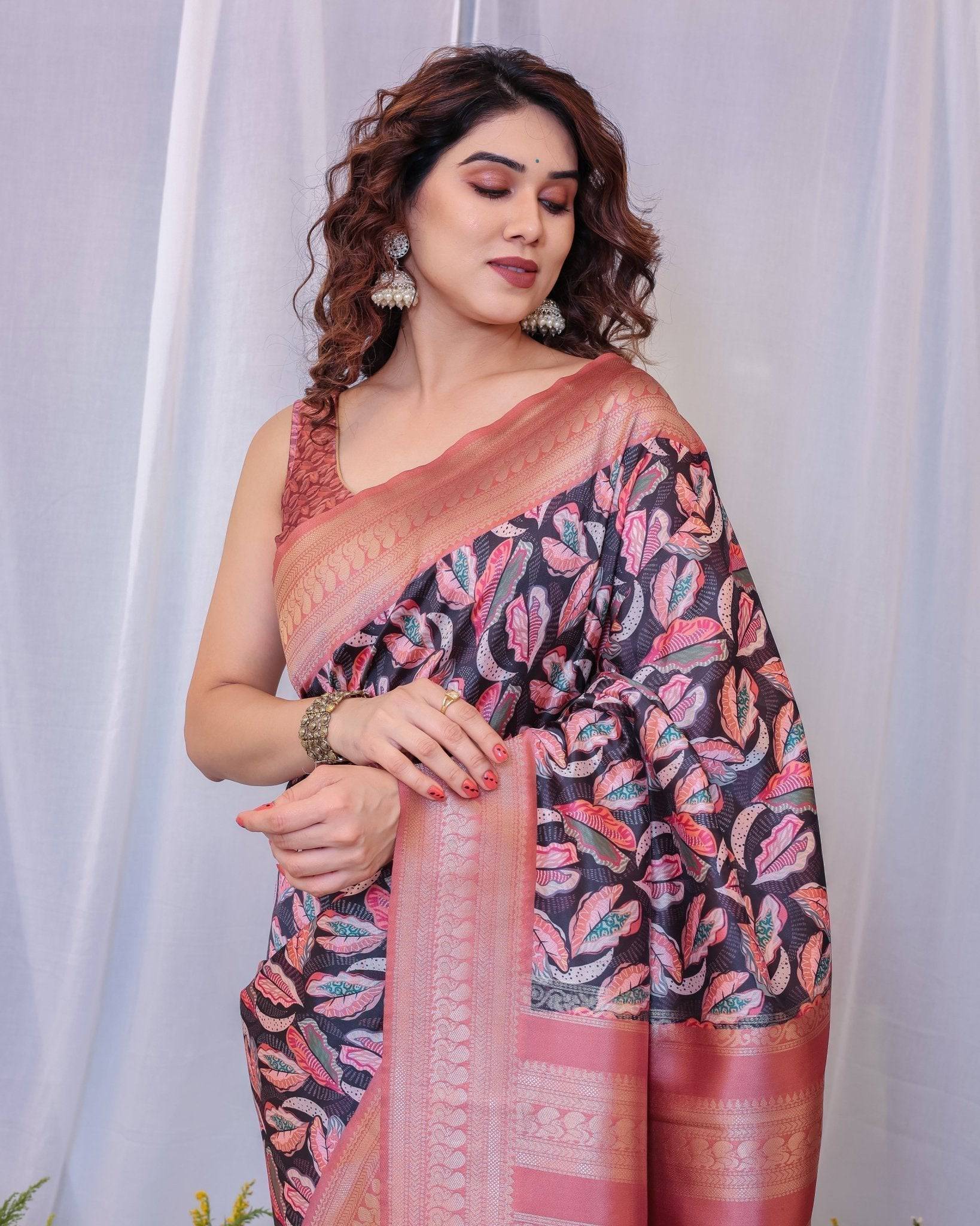 Elegant Black and Peach Banarasi Silk Saree with Leaf Motif and Tassels BANARASI PRINTED
