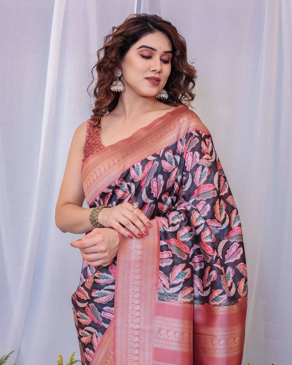 Elegant Black and Peach Banarasi Silk Saree with Leaf Motif and Tassels BANARASI PRINTED