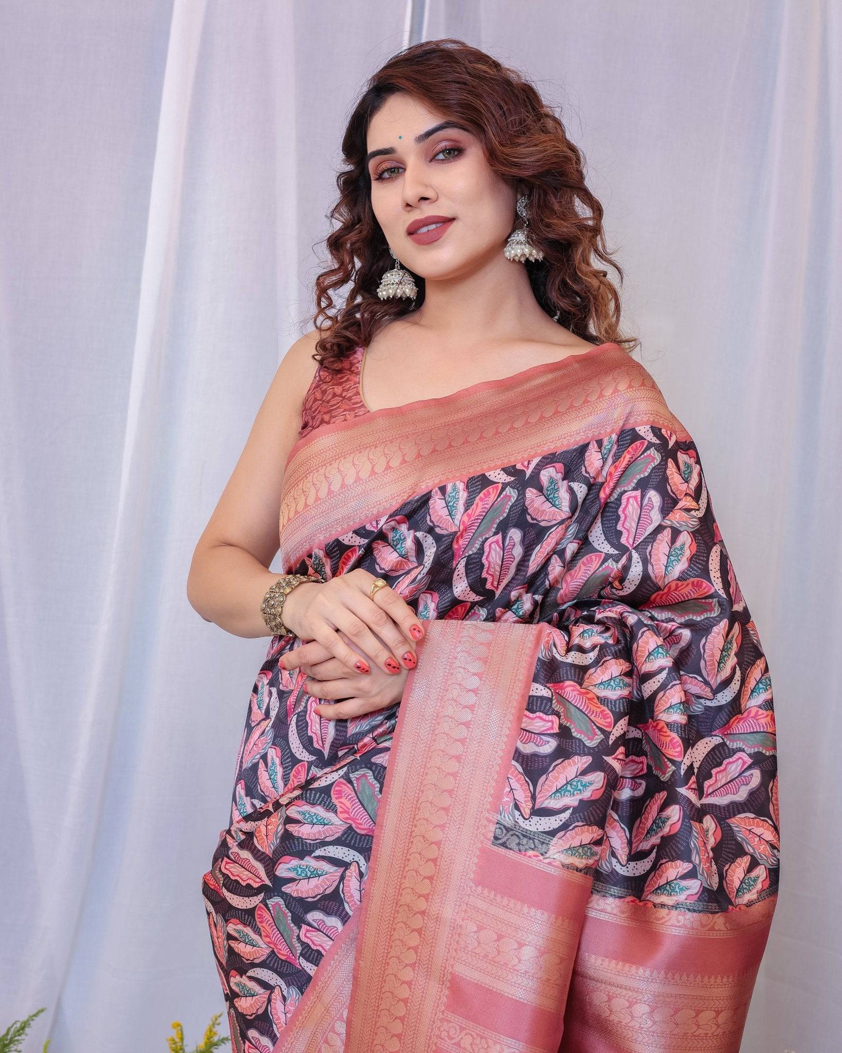 Elegant Black and Peach Banarasi Silk Saree with Leaf Motif and Tassels BANARASI PRINTED