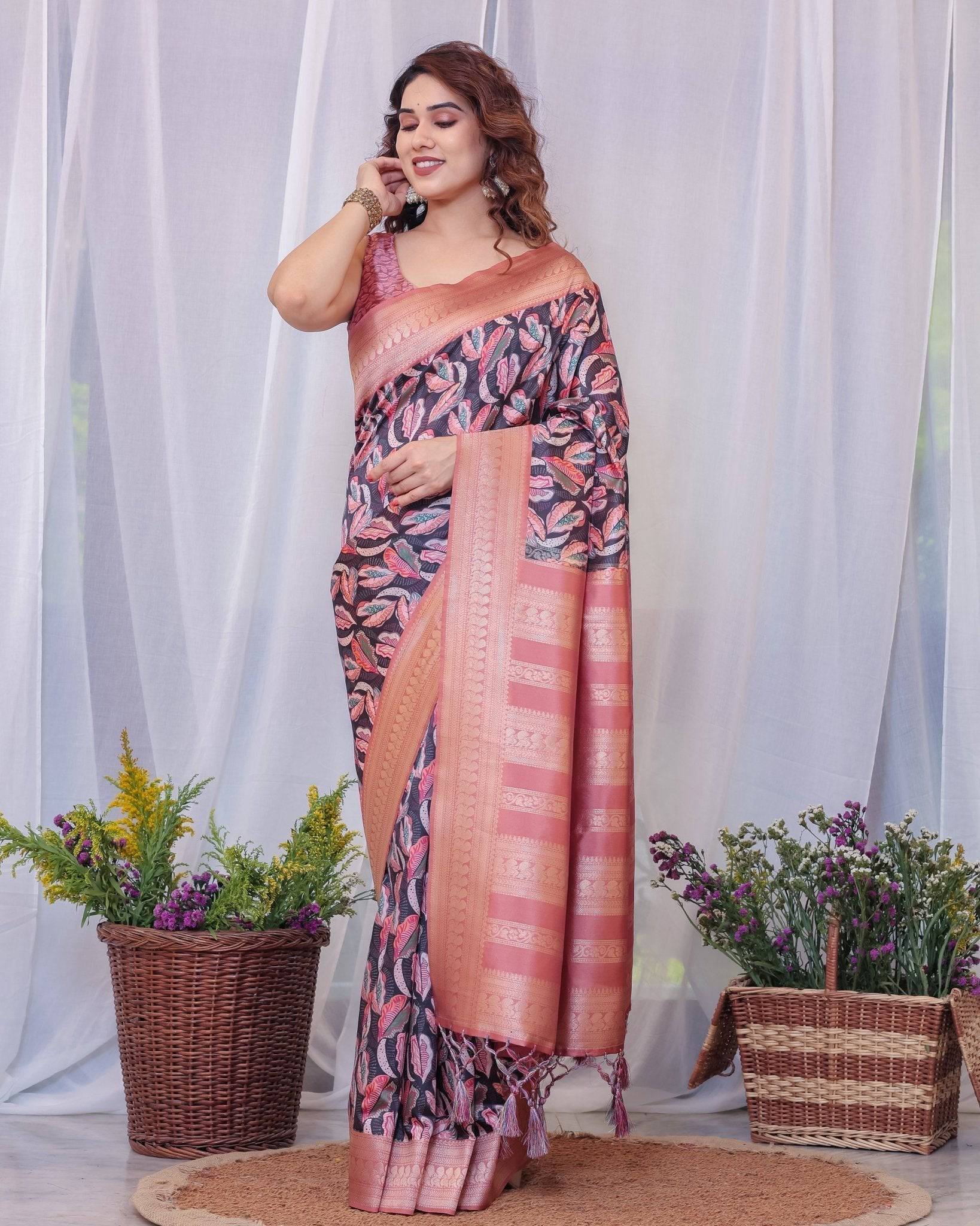 Elegant Black and Peach Banarasi Silk Saree with Leaf Motif and Tassels BANARASI PRINTED