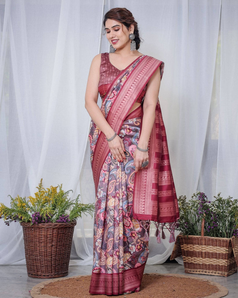Luxurious Maroon Banarasi Silk Saree with Paisley Print and Tassels BANARASI PRINTED