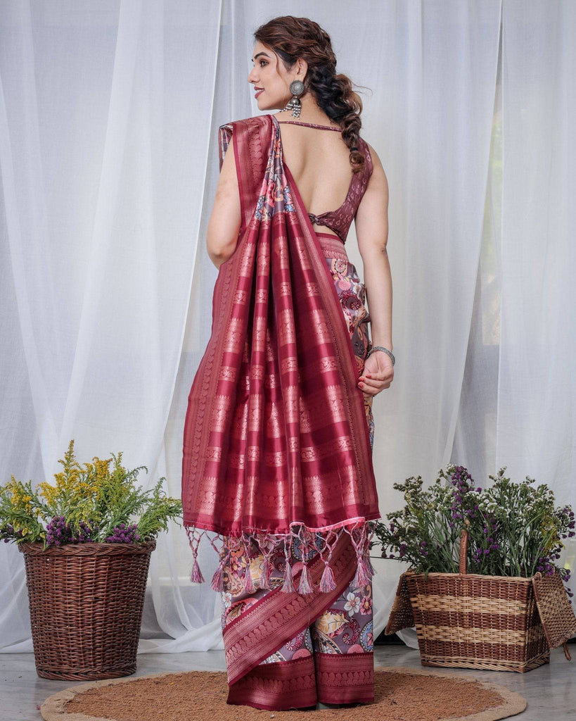 Luxurious Maroon Banarasi Silk Saree with Paisley Print and Tassels BANARASI PRINTED