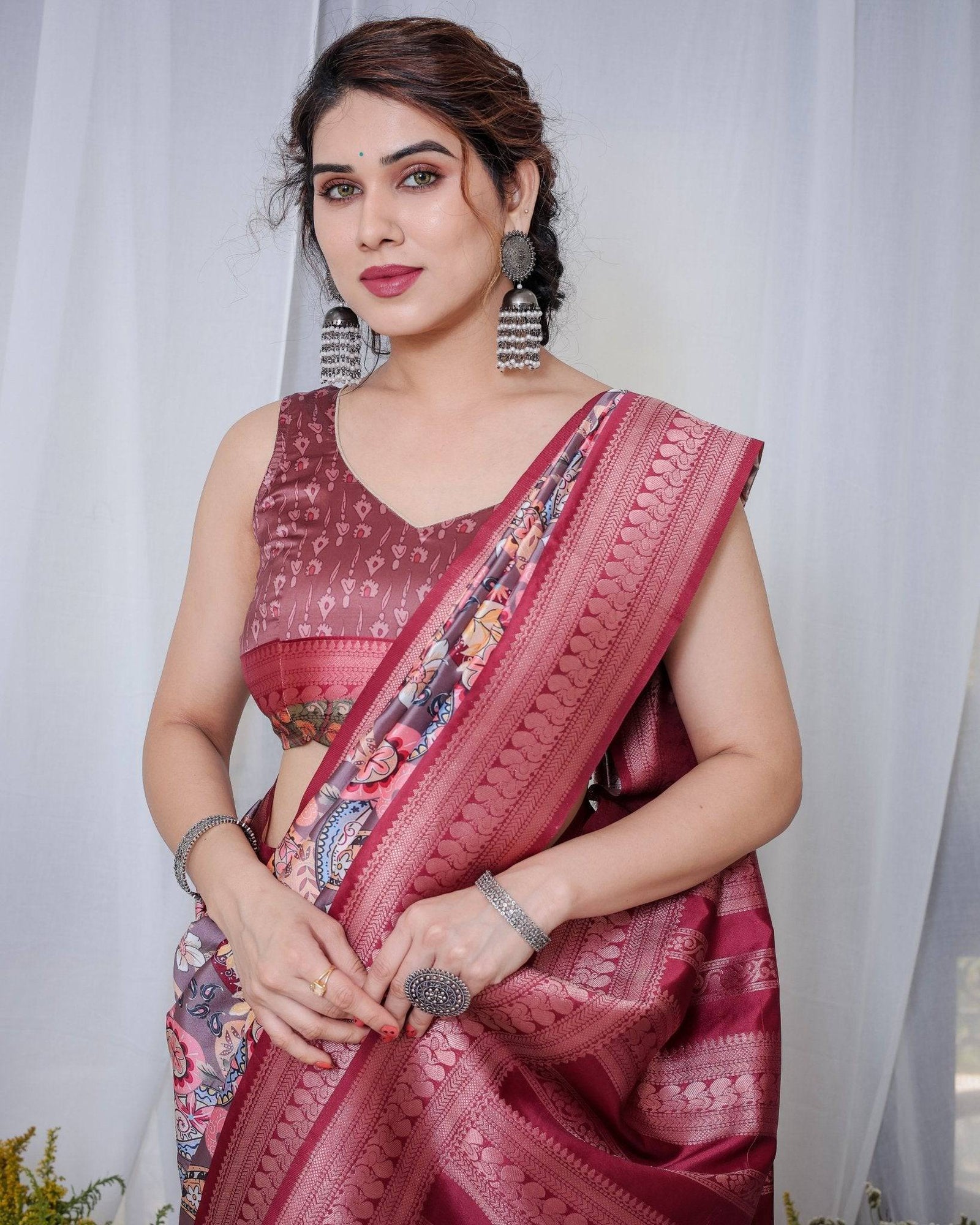 Luxurious Maroon Banarasi Silk Saree with Paisley Print and Tassels BANARASI PRINTED