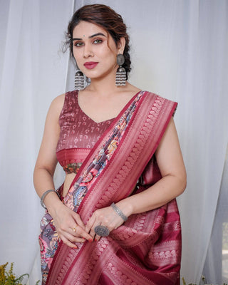 Luxurious Maroon Banarasi Silk Saree with Paisley Print and Tassels BANARASI PRINTED