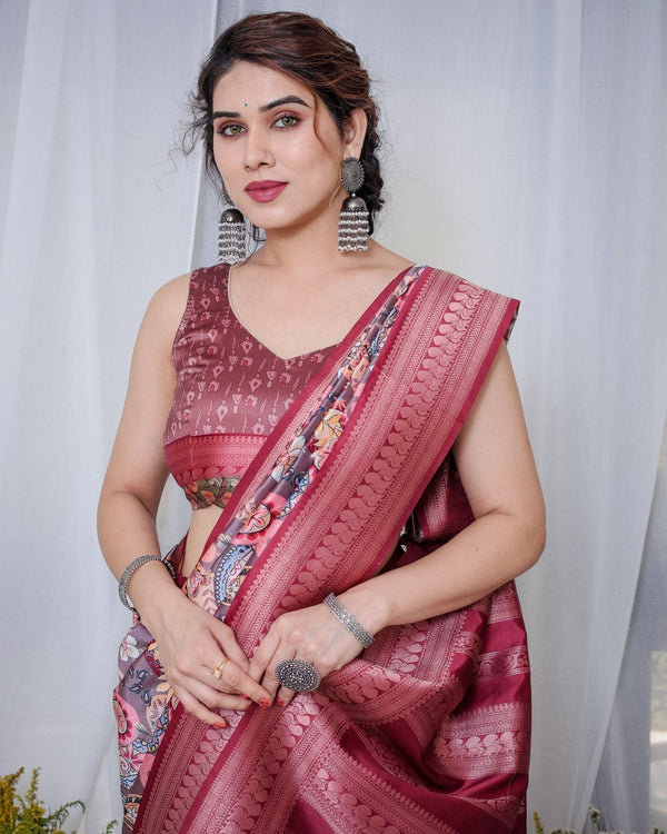 Luxurious Maroon Banarasi Silk Saree with Paisley Print and Tassels BANARASI PRINTED