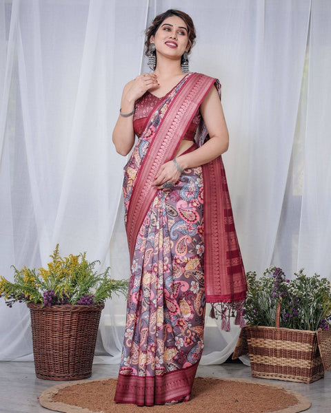 Luxurious Maroon Banarasi Silk Saree with Paisley Print and Tassels BANARASI PRINTED Main image