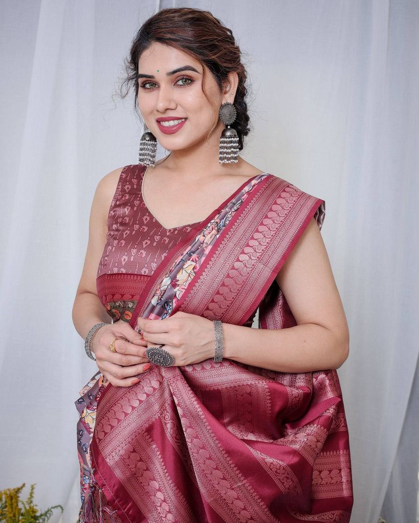 Luxurious Maroon Banarasi Silk Saree with Paisley Print and Tassels BANARASI PRINTED