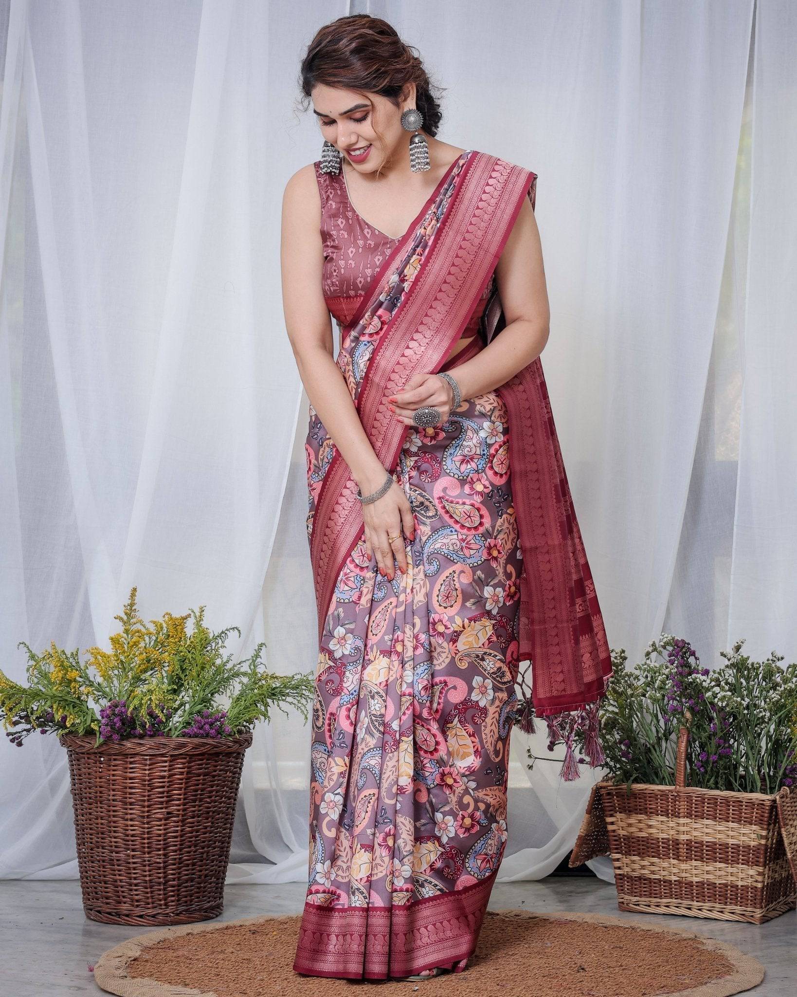 Luxurious Maroon Banarasi Silk Saree with Paisley Print and Tassels Secondary image