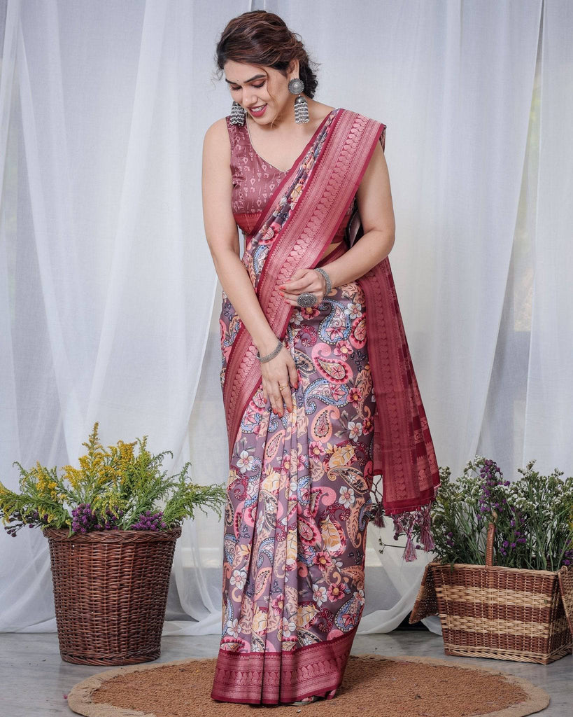 Luxurious Maroon Banarasi Silk Saree with Paisley Print and Tassels BANARASI PRINTED