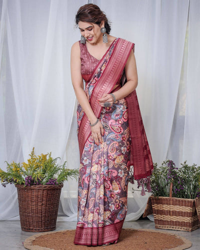 Luxurious Maroon Banarasi Silk Saree with Paisley Print and Tassels BANARASI PRINTED