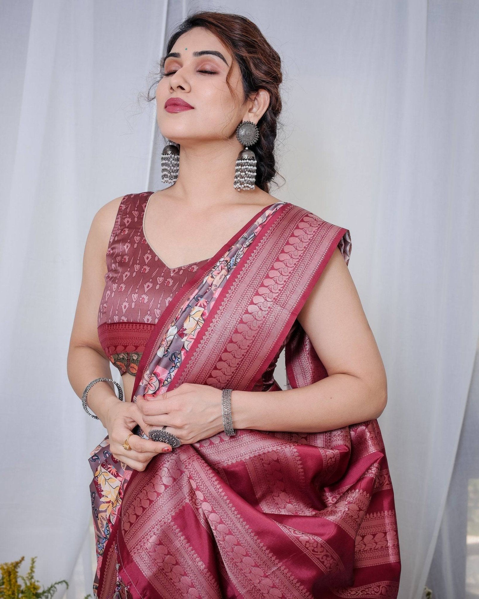 Luxurious Maroon Banarasi Silk Saree with Paisley Print and Tassels BANARASI PRINTED