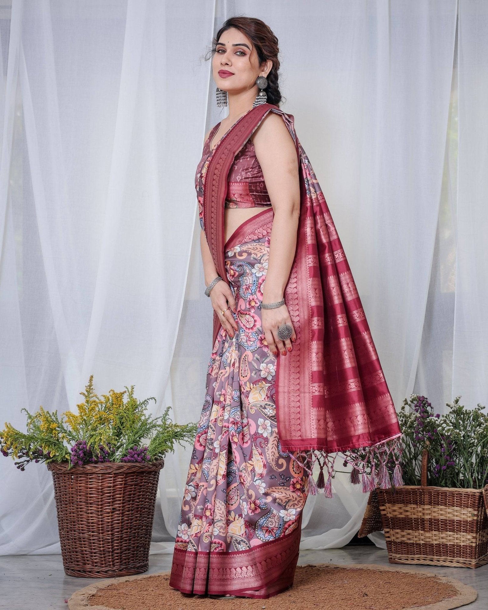 Luxurious Maroon Banarasi Silk Saree with Paisley Print and Tassels BANARASI PRINTED
