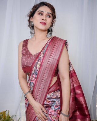 Luxurious Maroon Banarasi Silk Saree with Paisley Print and Tassels BANARASI PRINTED