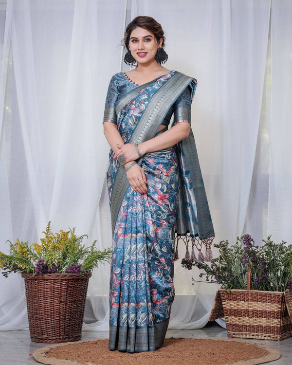 Enchanting Blue Banarasi Silk Saree with Multicolor Floral Weaves and Luxurious Zari Pallu with Tassels BANARASI PRINTED