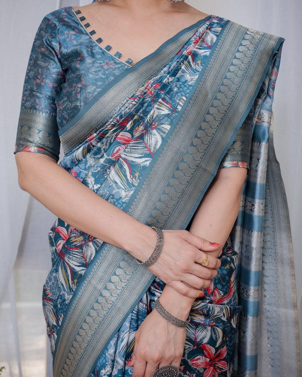 Enchanting Blue Banarasi Silk Saree with Multicolor Floral Weaves and Luxurious Zari Pallu with Tassels BANARASI PRINTED