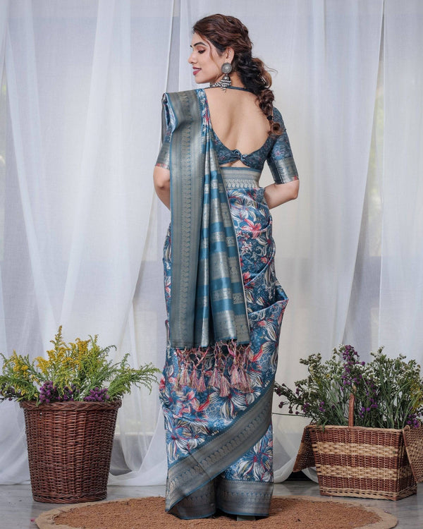 Enchanting Blue Banarasi Silk Saree with Multicolor Floral Weaves and Luxurious Zari Pallu with Tassels BANARASI PRINTED